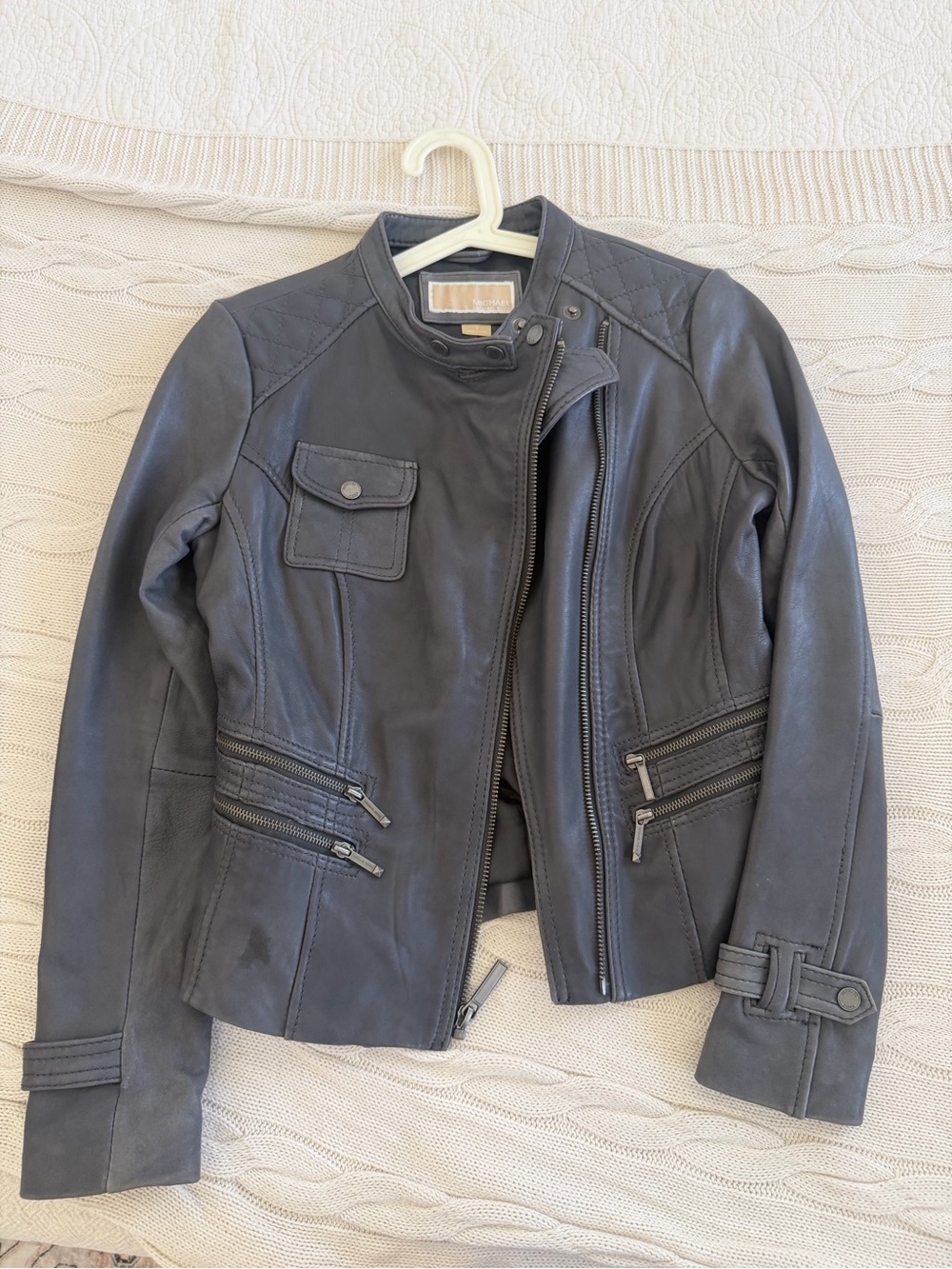 Womens Gray Genuine Leather Moto Jacket with Zip Details